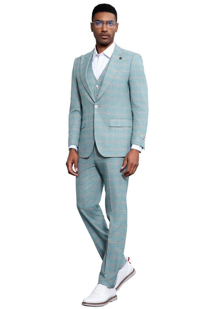 Men's Stacy Adams Vested Peak Lapel Light Turquoise Green Plaid Prom & Wedding Suit - Image 4