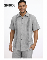 Men’s Gray Embroidered Walking Suit Set – 2 Piece Short Sleeve Casual Outfit