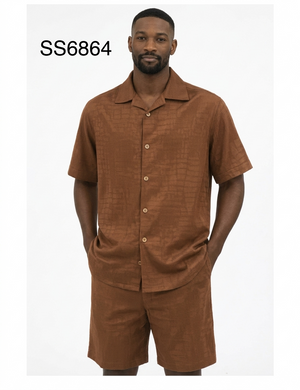 Men’s Brown Textured Short Set – 2 Piece Short Sleeve Casual Summer Outfit