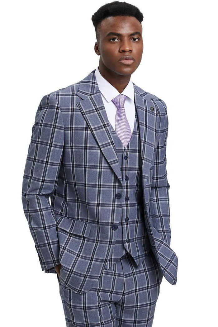 Men's Stacy Adams Two Button Vested Glen Plaid Check Suit in Grey - Image 3