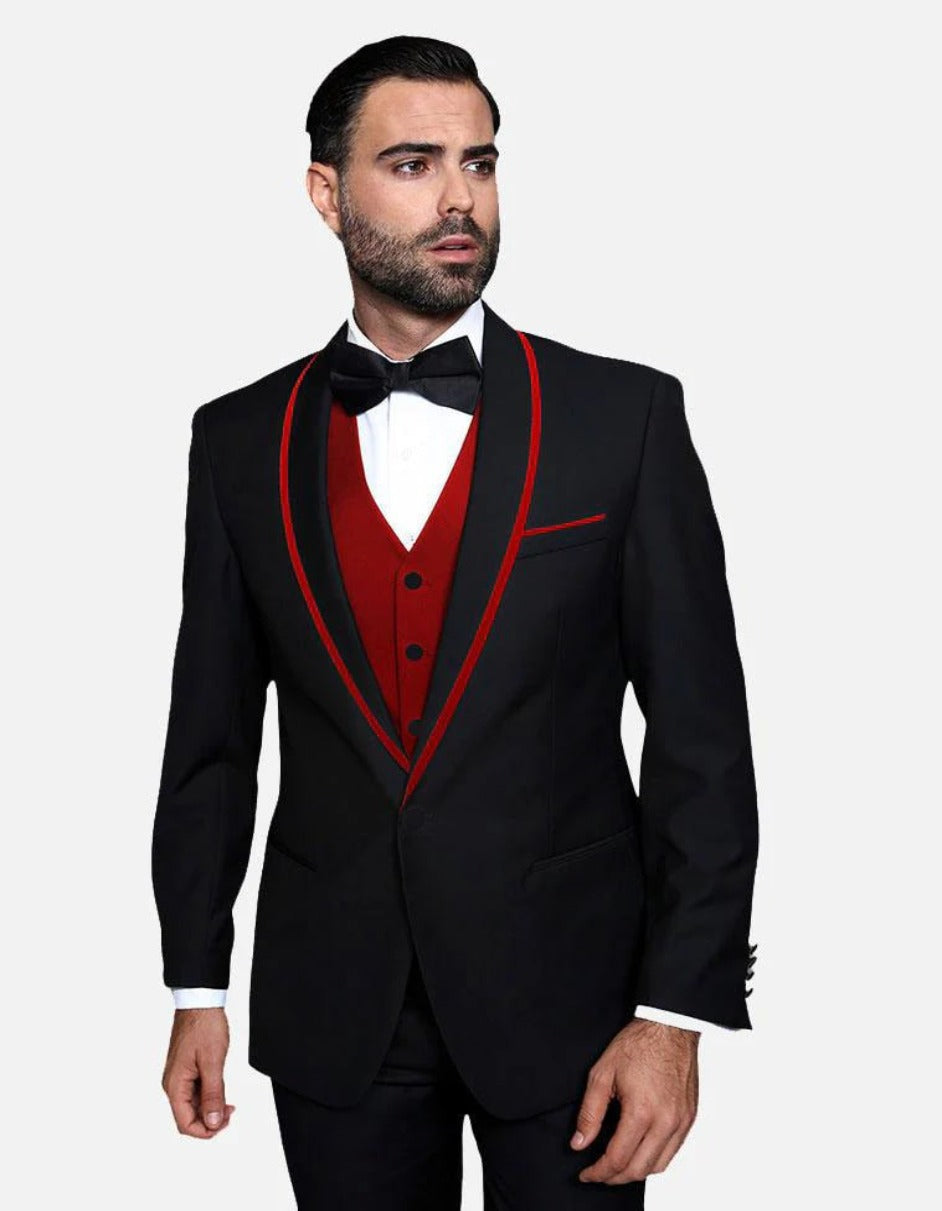 Mensusa Statement Men's Black with Red Lapel Vested 100% Wool Tuxedo — MensUSA