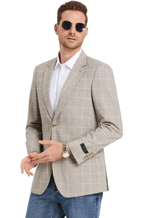 Saco vaquero - Western Sport Coat - Western Blazer- Men's Slim Fit Business Casual Summer Windowpane Plaid Suit In Light Tan