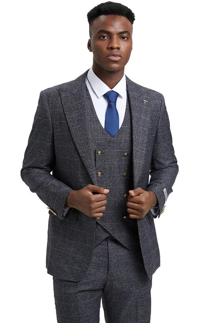 Men's Stacy Adams Peak Lapel Suit with Double Breasted Vest in Charcoal Grey Windowpane Plaid - Image 3