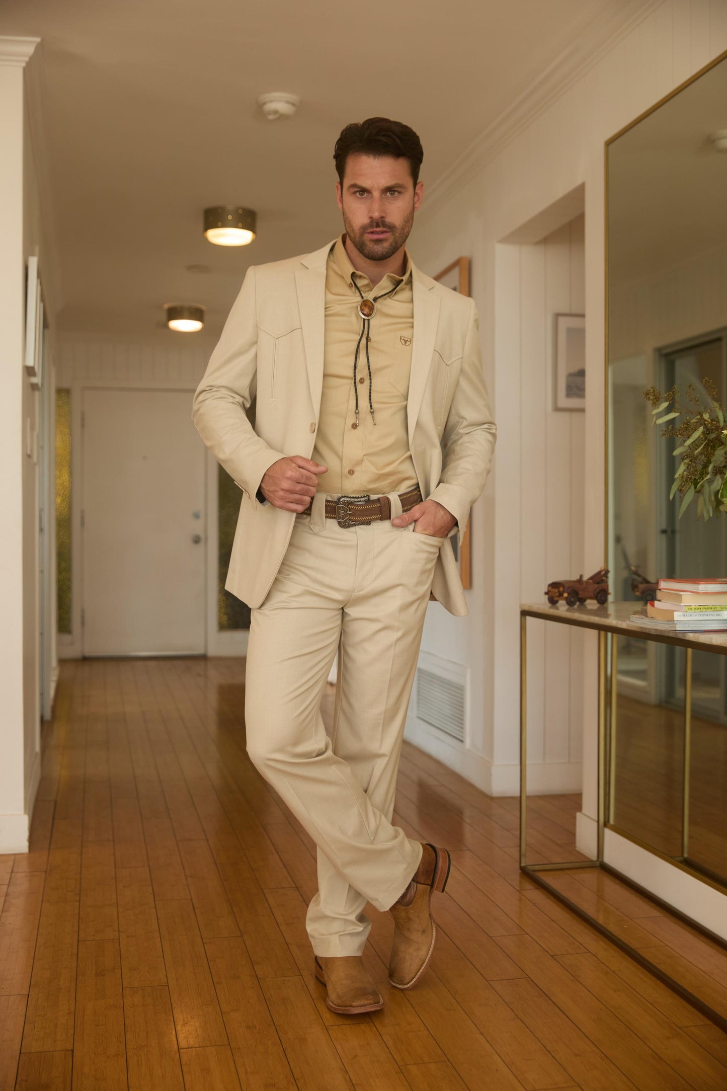 Men’s Beige Western Sport Coat Suit with Suede Elbow Patches