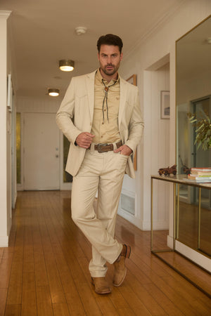 Men’s Beige Western Sport Coat Suit with Suede Elbow Patches