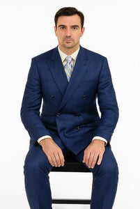 Mens Classic Wool Feel Double Breasted Glen Plaid Suit in Blue