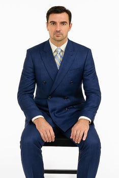 Mens Classic Wool Feel Double Breasted Glen Plaid Suit in Blue - Image 5