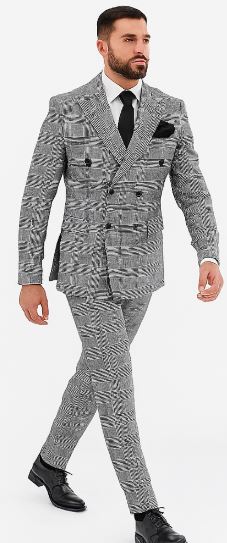 Men's Grey Glen Plaid Double-Breasted Suit – Classic Prince of Wales Check Two-Piece Set By Rossiman
