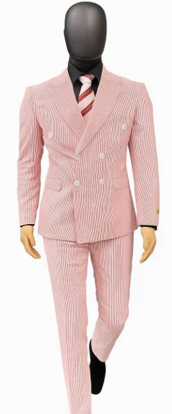 Red Double Breasted Suit - Red and White Pinstripe Suit - Red Seersucker Suit - Cotton Suit
