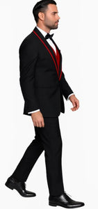 Black with Red Lapel Vested 100% Wool Tuxedo
