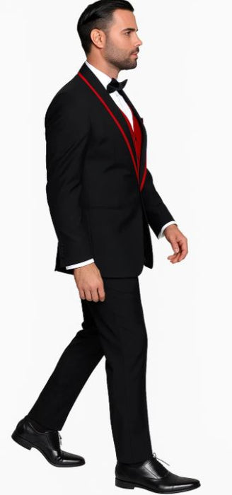 Black with Red Lapel Vested 100% Wool Tuxedo