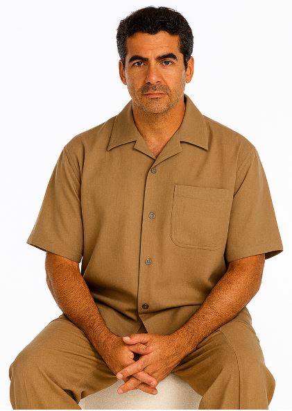 Walking Suit Short Sleeve Casual Shirt and Pants Set - Tan