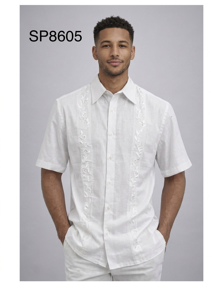 Men’s White Embroidered Walking Suit Set – 2 Piece Short Sleeve Casual Outfit