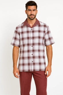 Mens 2pc Walking Suit Short Sleeve Casual Shirt and Pants Burgundy
