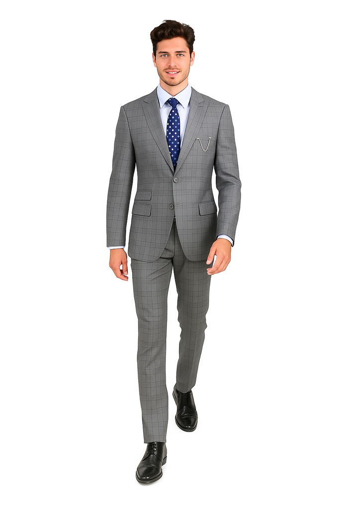 Catania Collection - Modern Fit Windowpane Suit 2 Piece in Medium Gray - Image 9