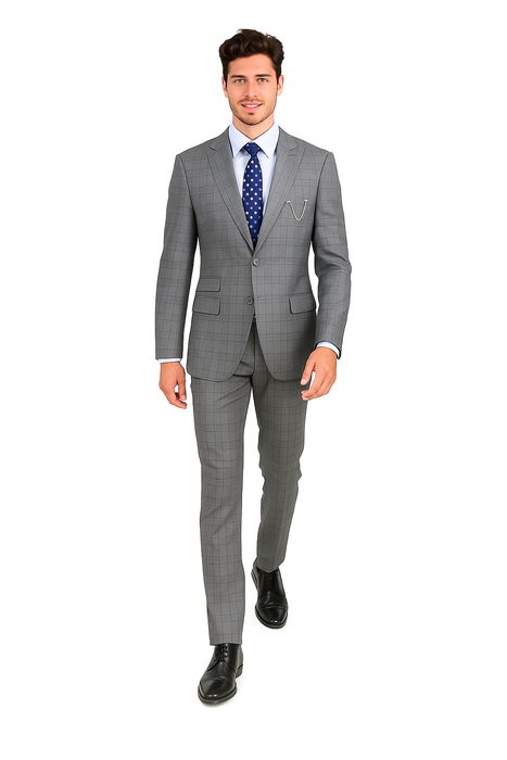 Catania Collection - Modern Fit Windowpane Suit 2 Piece in Medium Gray