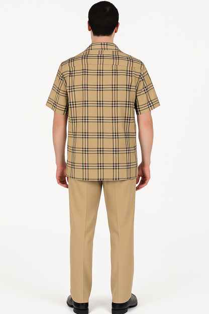 Men’s Beige Checkered Casual Shirt – Short Sleeve Comfort Fit