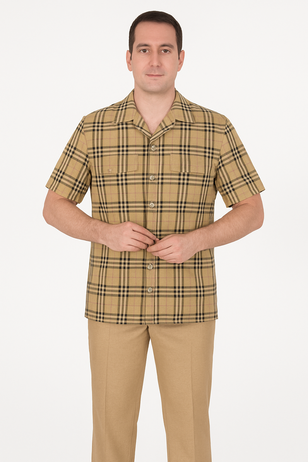 Men’s Beige Checkered Casual Shirt – Short Sleeve Comfort Fit
