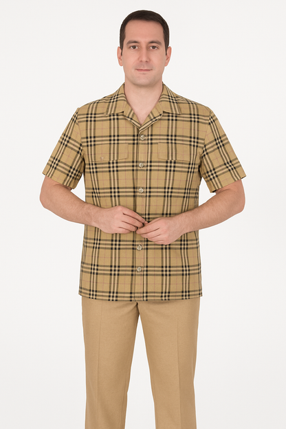 Men’s Beige Checkered Casual Shirt – Short Sleeve Comfort Fit