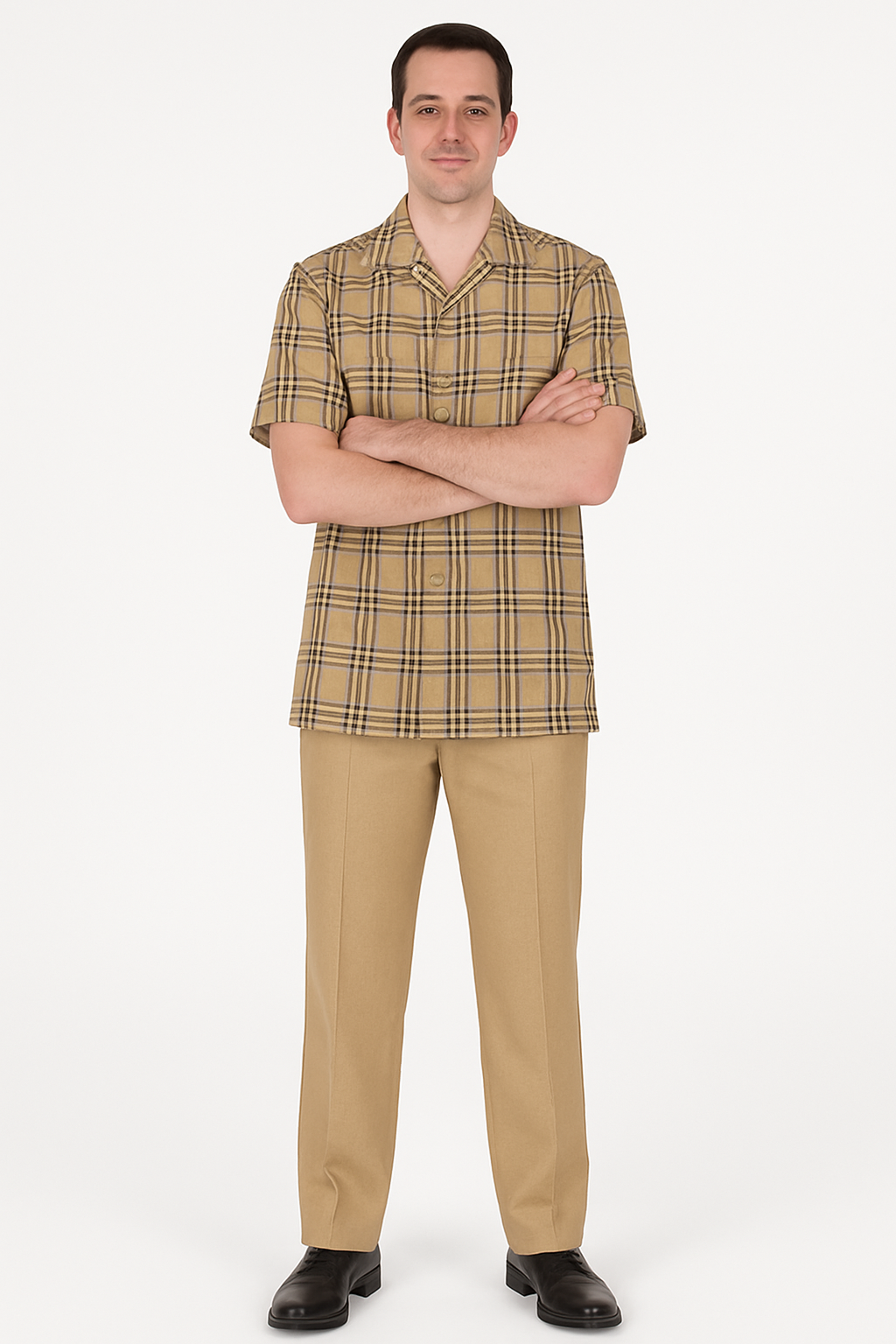 Men’s Beige Checkered Casual Shirt – Short Sleeve Comfort Fit