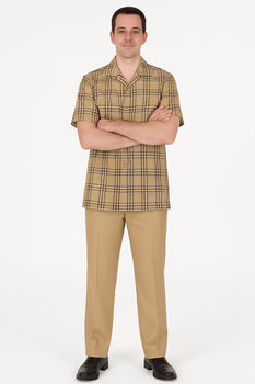 Men’s Beige Checkered Casual Shirt – Short Sleeve Comfort Fit