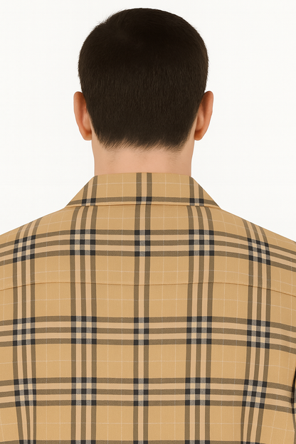 Men’s Beige Checkered Casual Shirt – Short Sleeve Comfort Fit