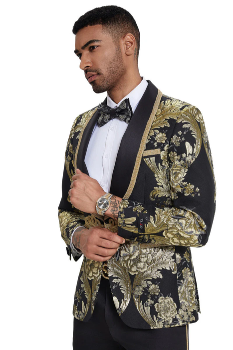 Mens One Button Shawl Lapel Wedding Prom Tuxedo in Shiny Black Paisley