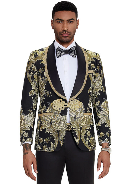 Mens One Button Shawl Lapel Wedding Prom Tuxedo in Shiny Black Paisley