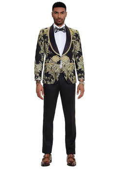 Mens One Button Shawl Lapel Wedding Prom Tuxedo in Shiny Black Paisley