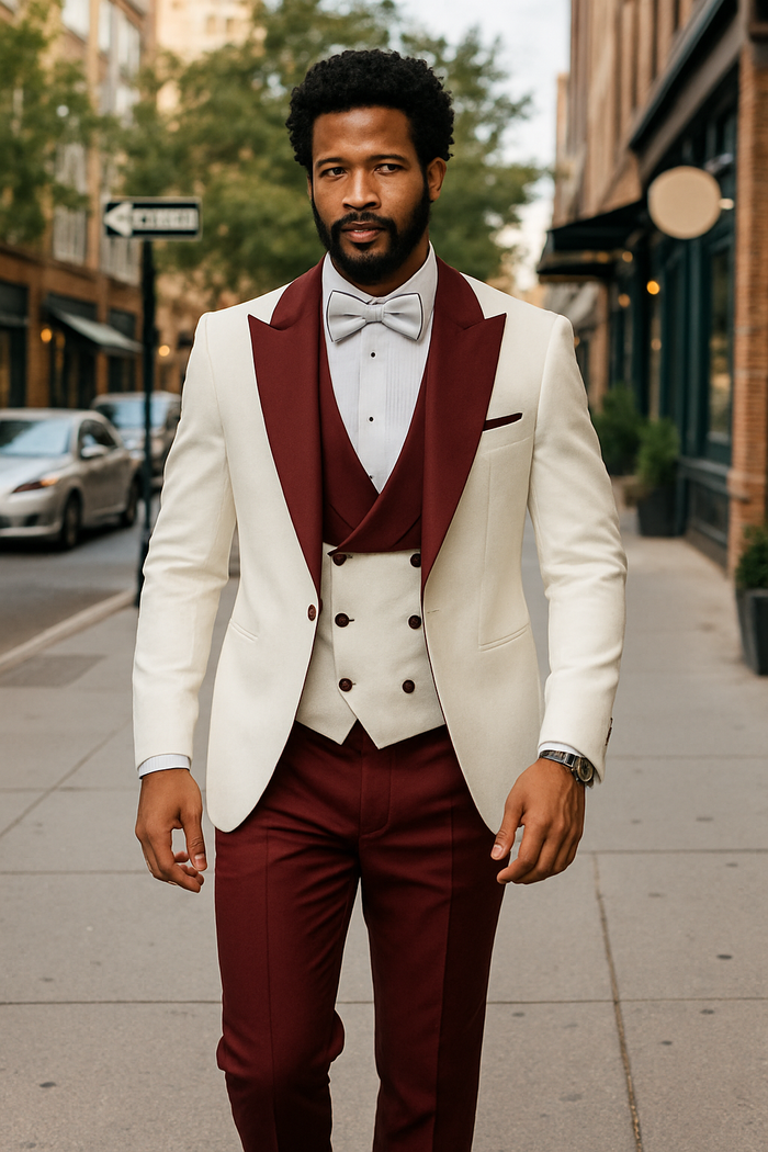 Hilton White and Burgundy Paisley Peak Lapel Tuxedo Jacket with Matching Shawl Vest and Wool Pants – Includes Bow Tie - Image 3