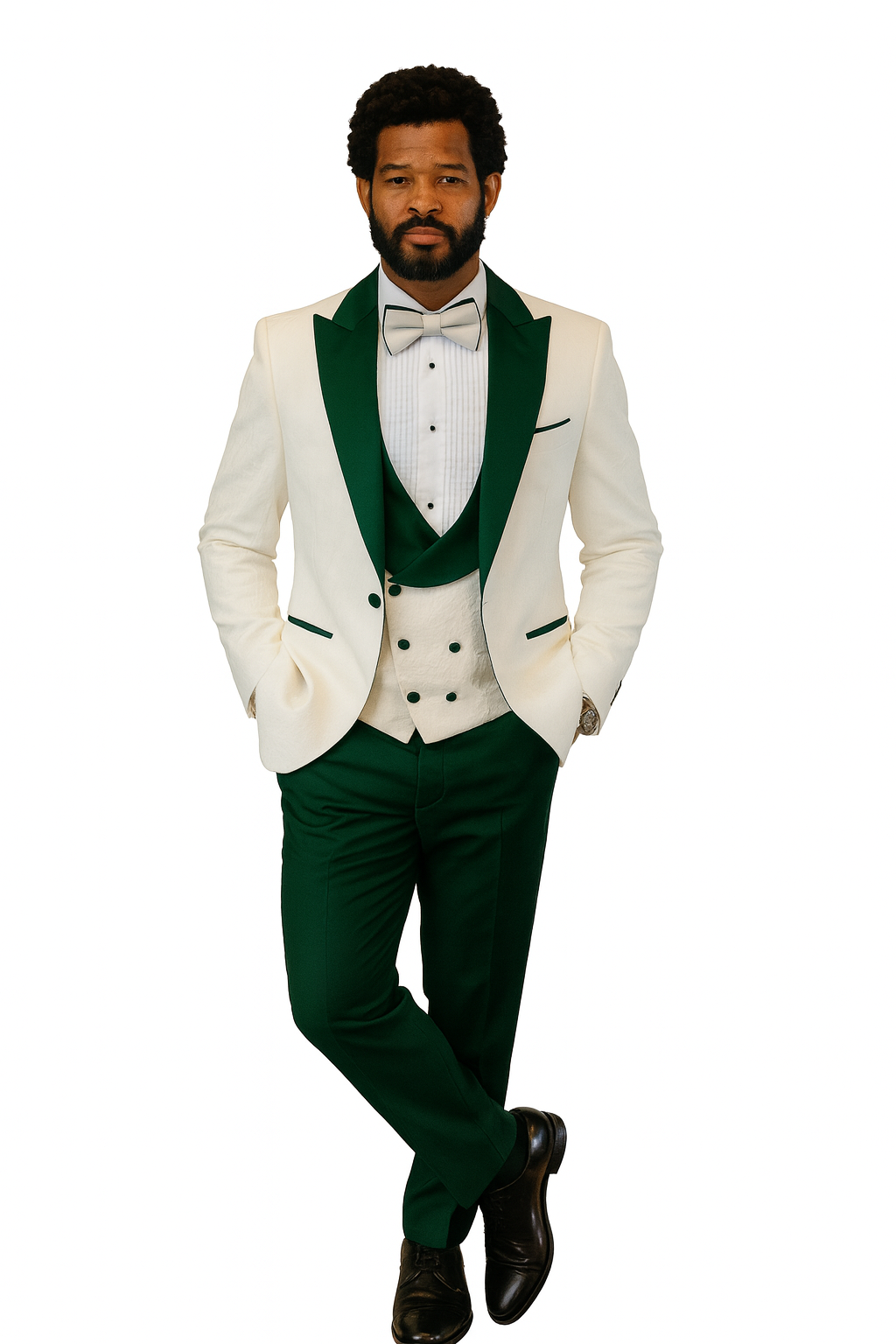 Hilton White and Hunter Green Paisley Peak Lapel Tuxedo Jacket with Matching Shawl Vest and Wool Pants – Includes Bow Tie - Image 9