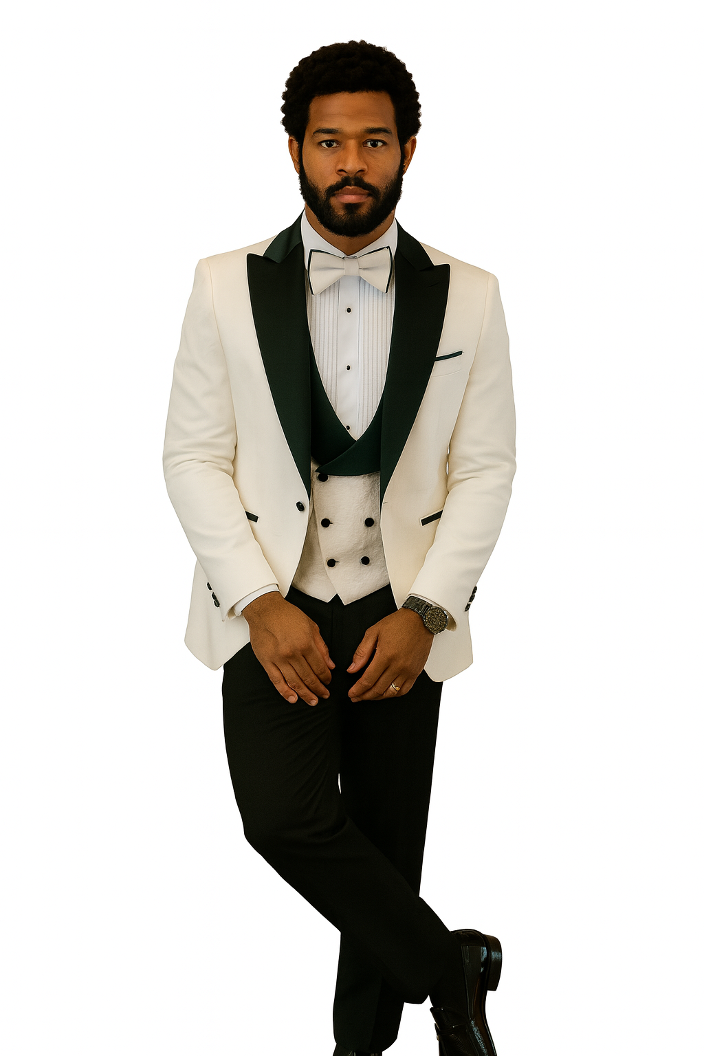 Hilton White and Black Paisley Peak Lapel Tuxedo Jacket with Matching Shawl Vest and Wool Pants – Includes Bow Tie - Image 9