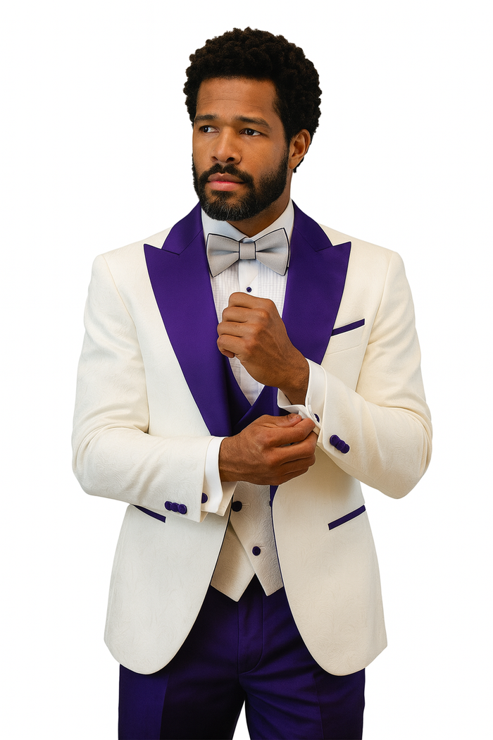 Hilton White and Purple Paisley Peak Lapel Tuxedo Jacket with Matching Shawl Vest and Wool Pants – Includes Bow Tie - Image 2