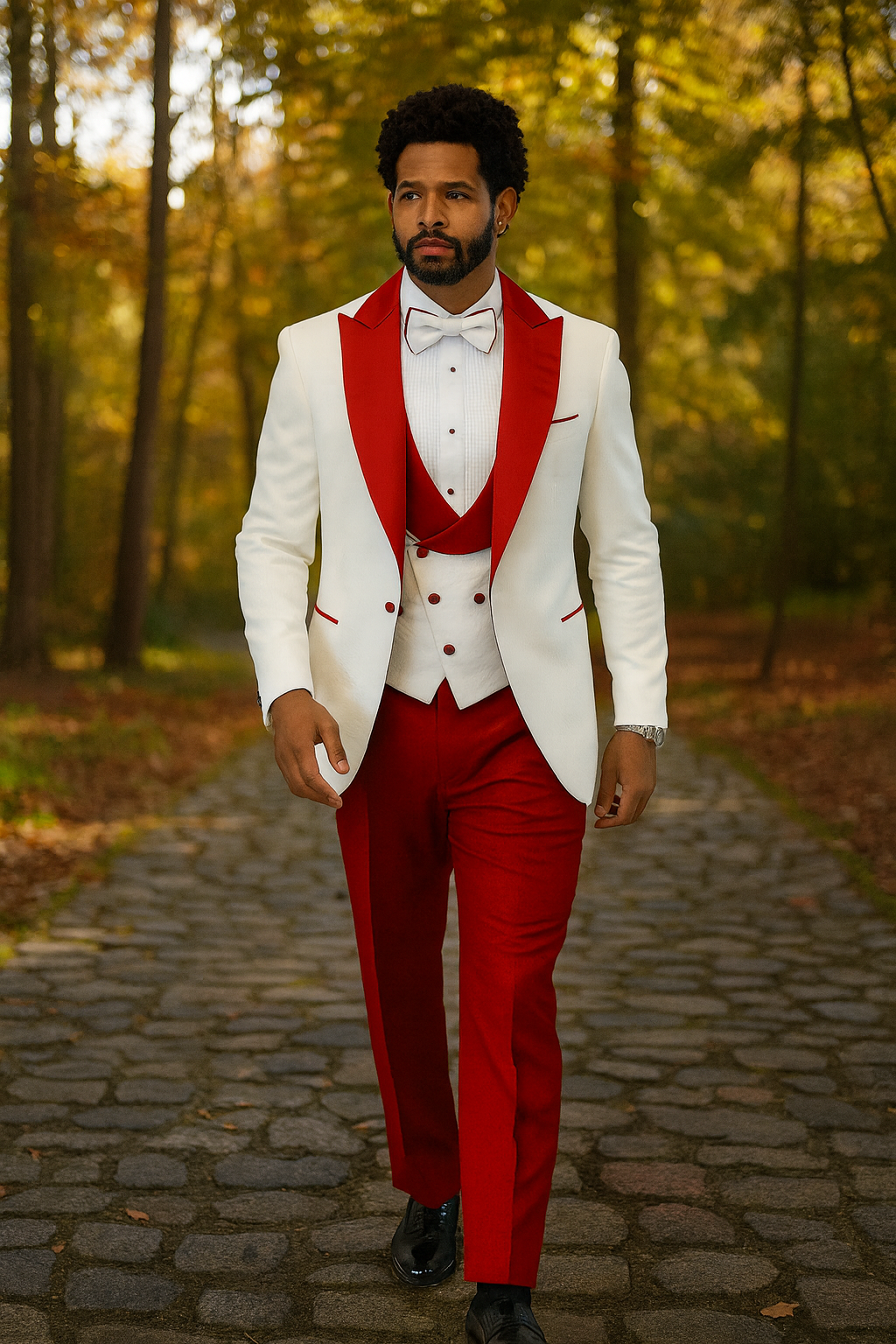 Hilton White and Red Paisley Peak Lapel Tuxedo Jacket with Matching Shawl Vest and Wool Pants – Includes Bow Tie - Image 3