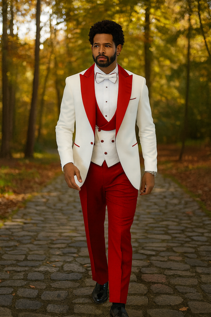 Hilton White and Red Paisley Peak Lapel Tuxedo Jacket with Matching Shawl Vest and Wool Pants – Includes Bow Tie - Image 3