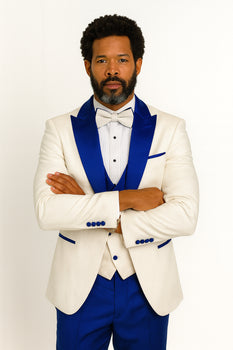 Hilton White and Royal Blue Paisley Peak Lapel Tuxedo Jacket with Matching Shawl Vest and Wool Pants – Includes Bow Tie - Image 9
