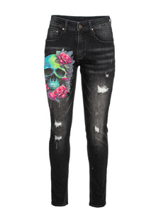 Skinny Denim with Skull print in black
