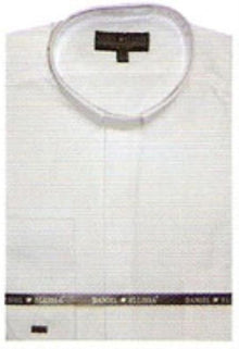 65% Poly Men's Banded Collar Mandarin Collarless Preacher Round Style White Men's Dress Shirt
