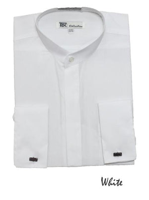 Fashion Hidden Button French Cuff Mandarin Collarless Dress Preacher Round Style Shirt White Men's Dress Shirt