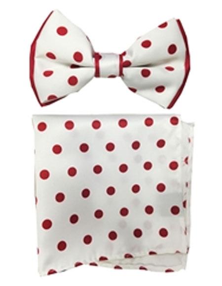 Men's White / Red Polyester Satin dual colors (Red Polka Dot) Bowtie with hankie - Men's Neck Ties - Mens Dress Tie - Trendy Mens Ties
