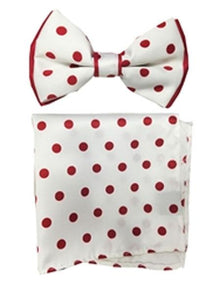 Men's White / Red Polyester Satin dual colors (Red Polka Dot) Bowtie with hankie - Men's Neck Ties - Mens Dress Tie - Trendy Mens Ties