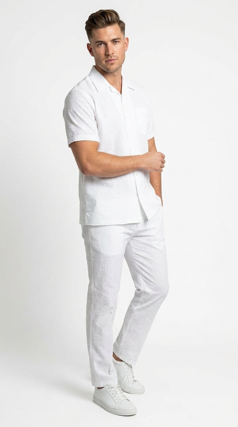 Mens White Seersucker Shadow Pinstripe Fabric 2 Piece Walking Set, Short Sleeve Shirt and Pants Summer Outfit