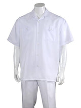 Men's Solid Casual 100% Polyester 5 Button Short Sleeve Casual Two Piece Walking Outfit For Sale Pant Sets Suits White