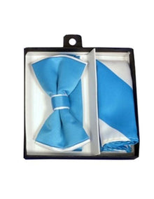 Men's Polyester White / Turquoise Satin dual colors classic Bowtie with hankie - Men's Neck Ties - Mens Dress Tie - Trendy Mens Ties