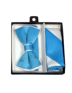Men's Polyester White / Turquoise Satin dual colors classic Bowtie with hankie - Men's Neck Ties - Mens Dress Tie - Trendy Mens Ties