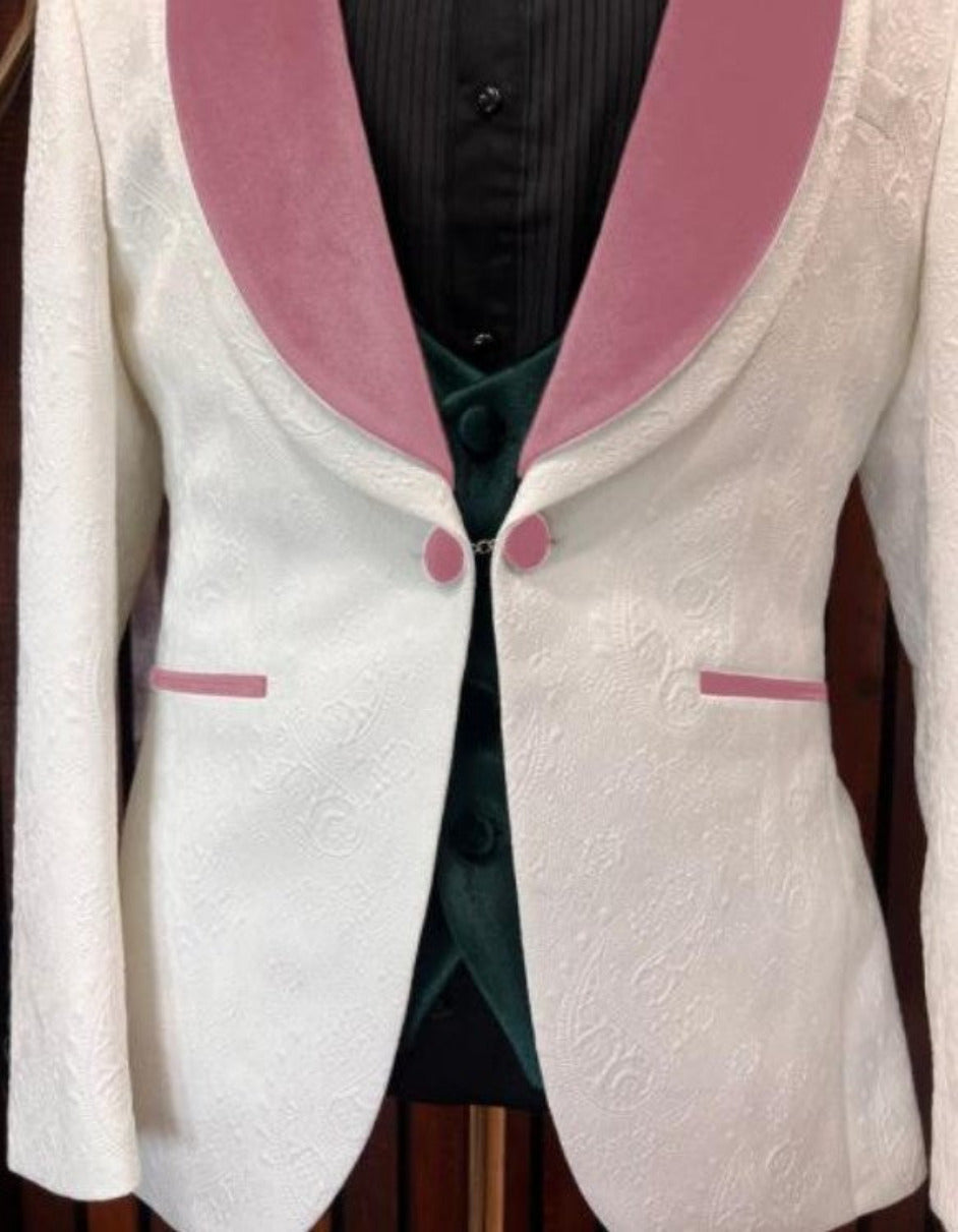 White and Rose Gold Tuxedo Suit - Wedding Groom Vested Suit