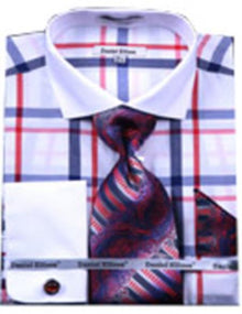 Men's Large Checker French Cuff With Cuff Link White/Fuschia White Collar Two Toned Contrast (60% Cotton 40% Polyester)