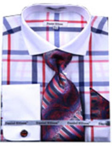 Men's Large Checker French Cuff With Cuff Link White/Fuschia White Collar Two Toned Contrast (60% Cotton 40% Polyester)