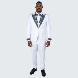 Men’s White Formal Tuxedo with Stones – Premium Peak Lapel 4-Piece