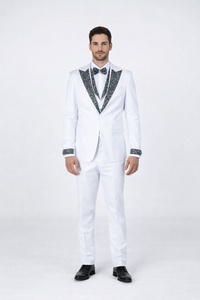 Men’s White Formal Tuxedo with Stones – Premium Peak Lapel 4-Piece